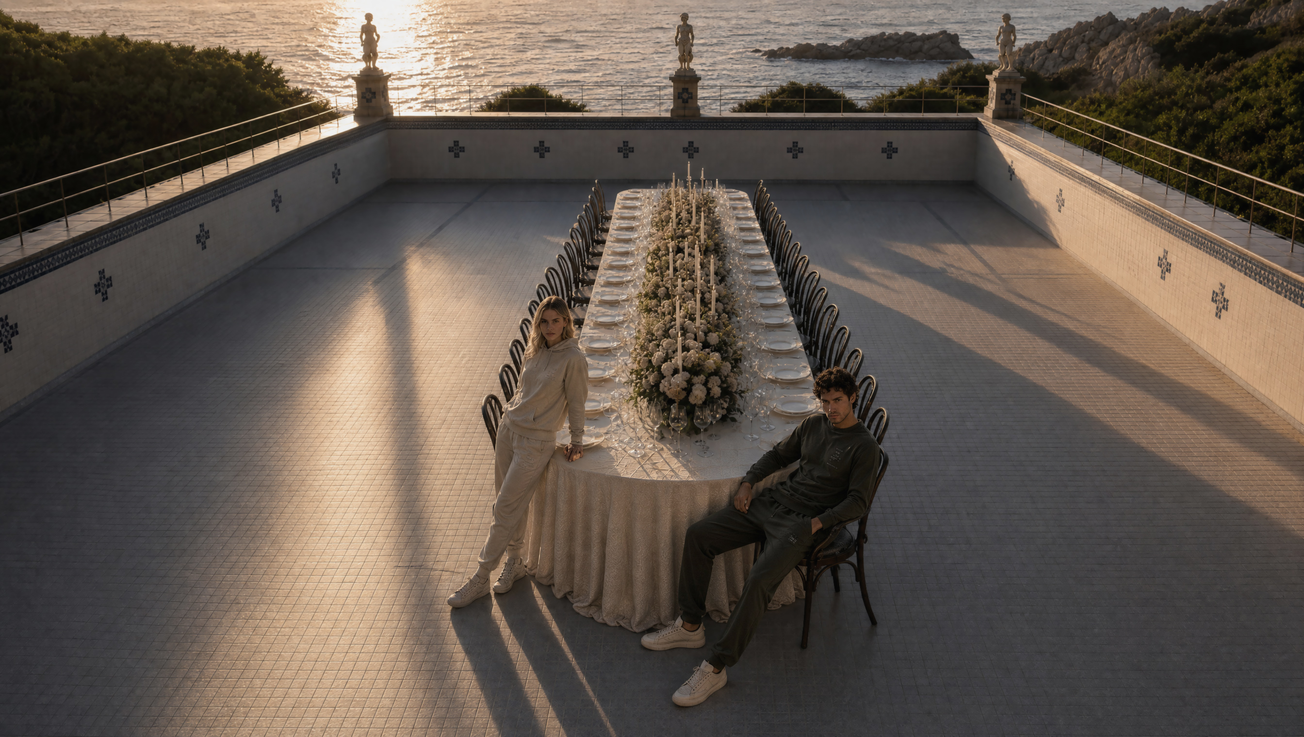 A long table set on a terrace facing the sea at sunset